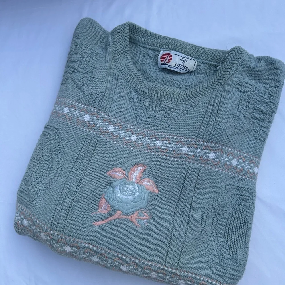 VTG Isle of Cotton grannycore sweater L crochet embroidered coastal grandma 90s
